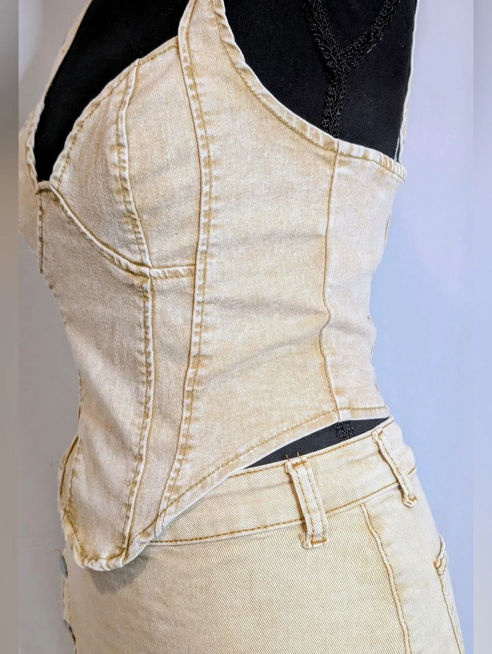 Cream Denim Corset & Mini Skirt Set, Size Small- Coastal Cowgirl